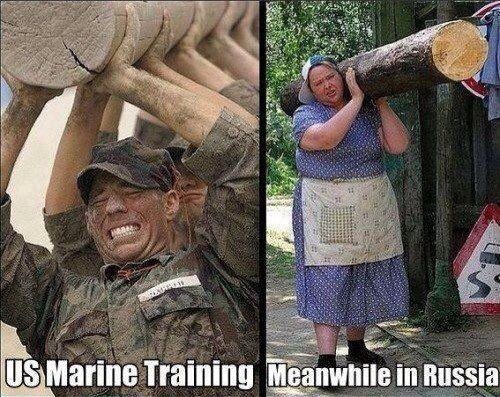 View joke - US marine training. Old Russian lady is training hard too.