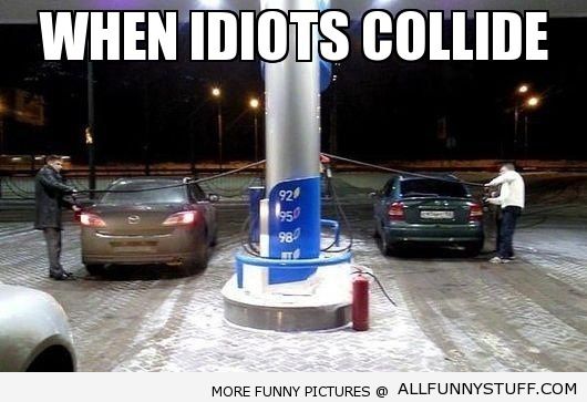 View joke - When idiots collide at gas station. What are they trying to do there ?