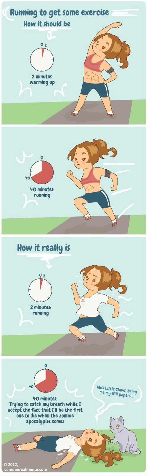 View joke - Running to get some exercise. How it should be: 2 minutes warm-up, 40 minutes running. How it really is: 2 minutes running, 40 minutes trying to catch up my breath while I accept the fact that I'll be the first one to die if a zombie apocalypse comes