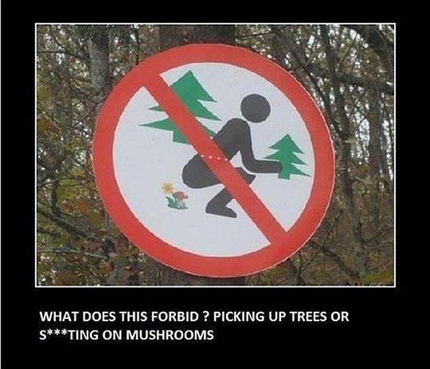 View joke - This sign is confusing. What does it forbid ? Picking up trees or pooping on mushrooms.